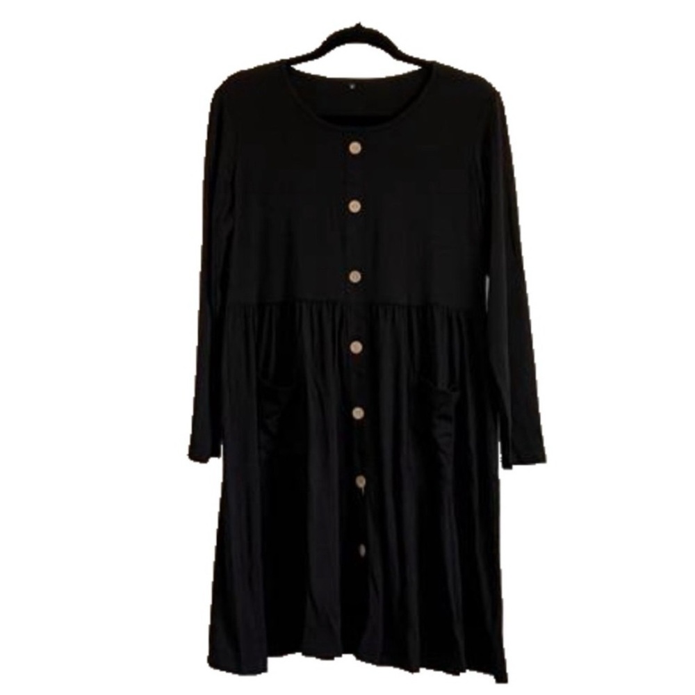 Black Babydoll Mini Dress Long Sleeve Button Front Flowy Boho Size M